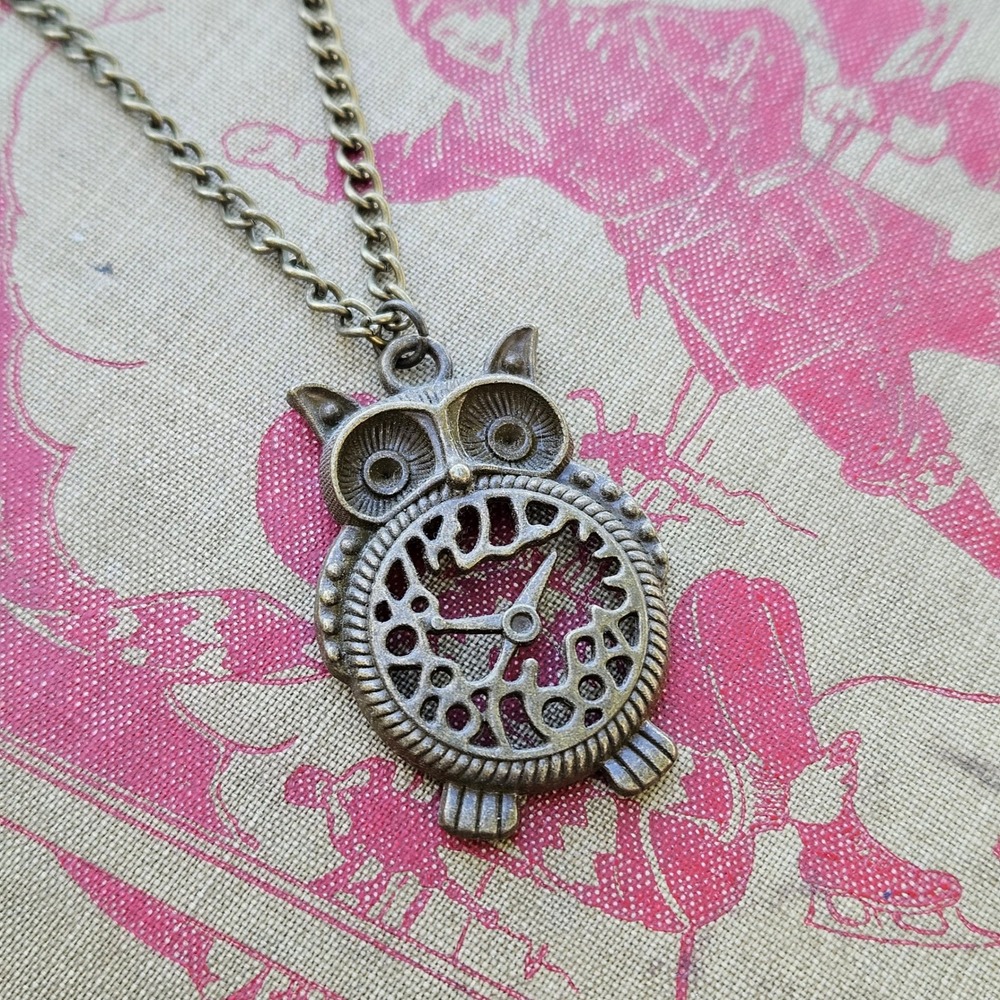 Vintage Style Antiqued Bronze Owl Clock Face Pendant Necklace Steampunk Boho